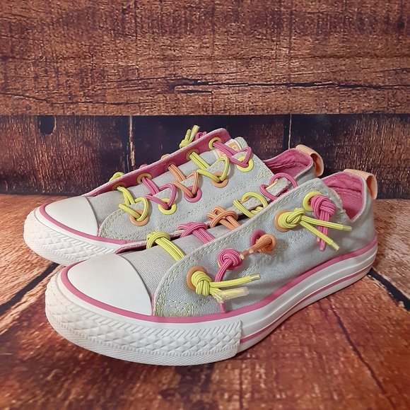 Converse Youth Sz 2 Grey Chuck Taylor No Tie Colorful Elastic Knotted Laces Shoe - Picture 1 of 11